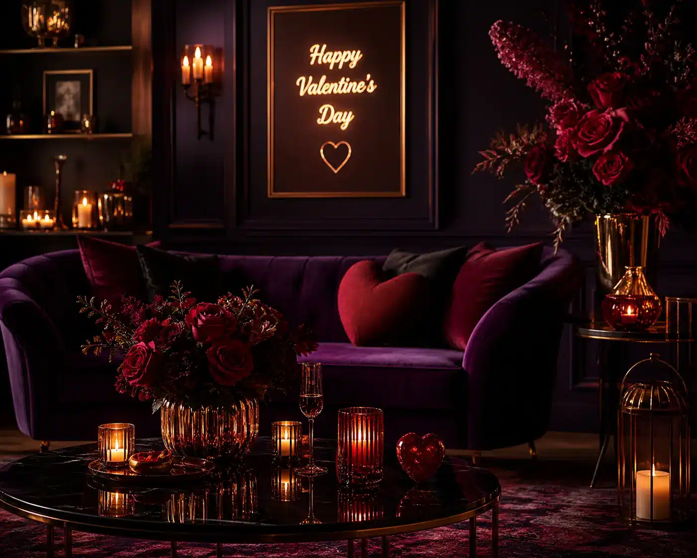 Moody romantic Valentine's decor with dark tones, velvet textures, and candlelight.