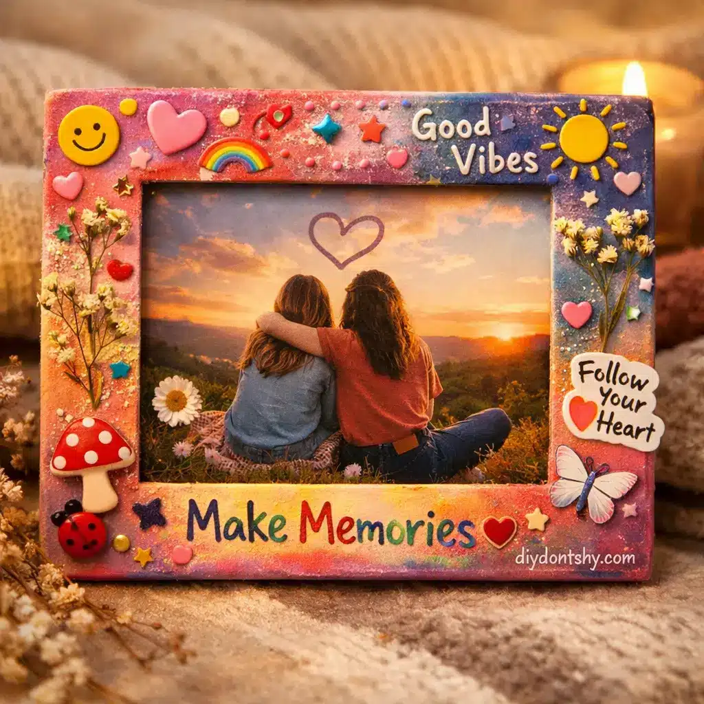 Handmade personalized photo frame decorated with creative elements and meaningful photo