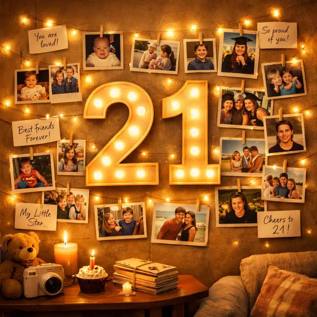 21st birthday photo collage wall with memories and warm fairy lights