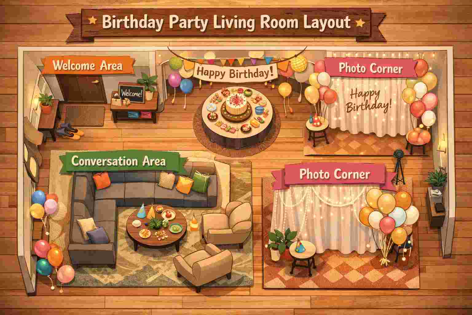 Smart living room birthday party layout showing welcome area, cake table zone, seating arrangement, and decorated photo corner setup for organized home party planning