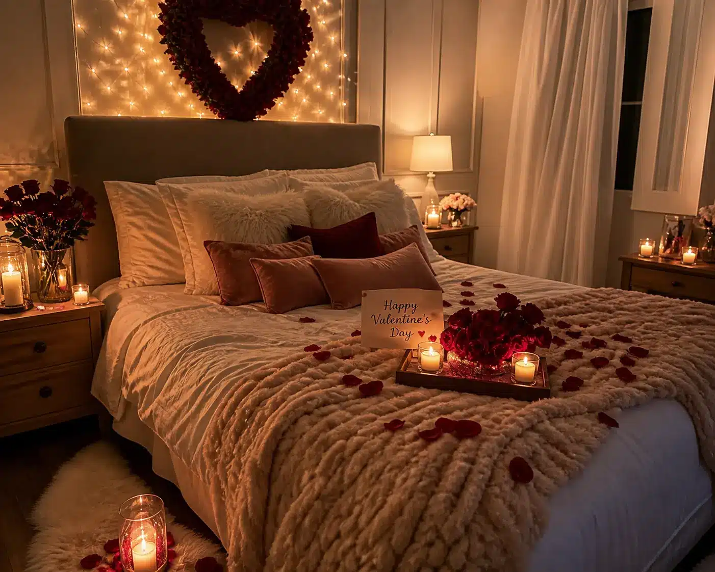 Romantic Valentine's bedroom decor with soft bedding and warm lighting.