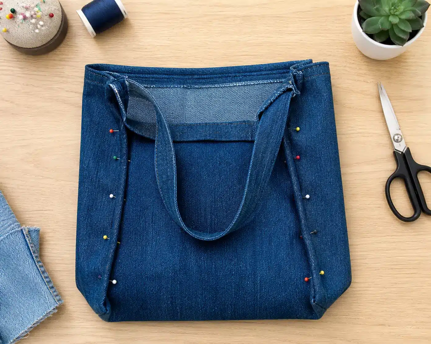 Pinned denim fabric forming the basic shape of a bag before sewing