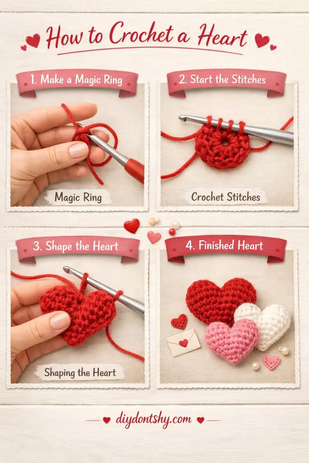 Step-by-step process of crocheting a heart from magic ring to finished shape