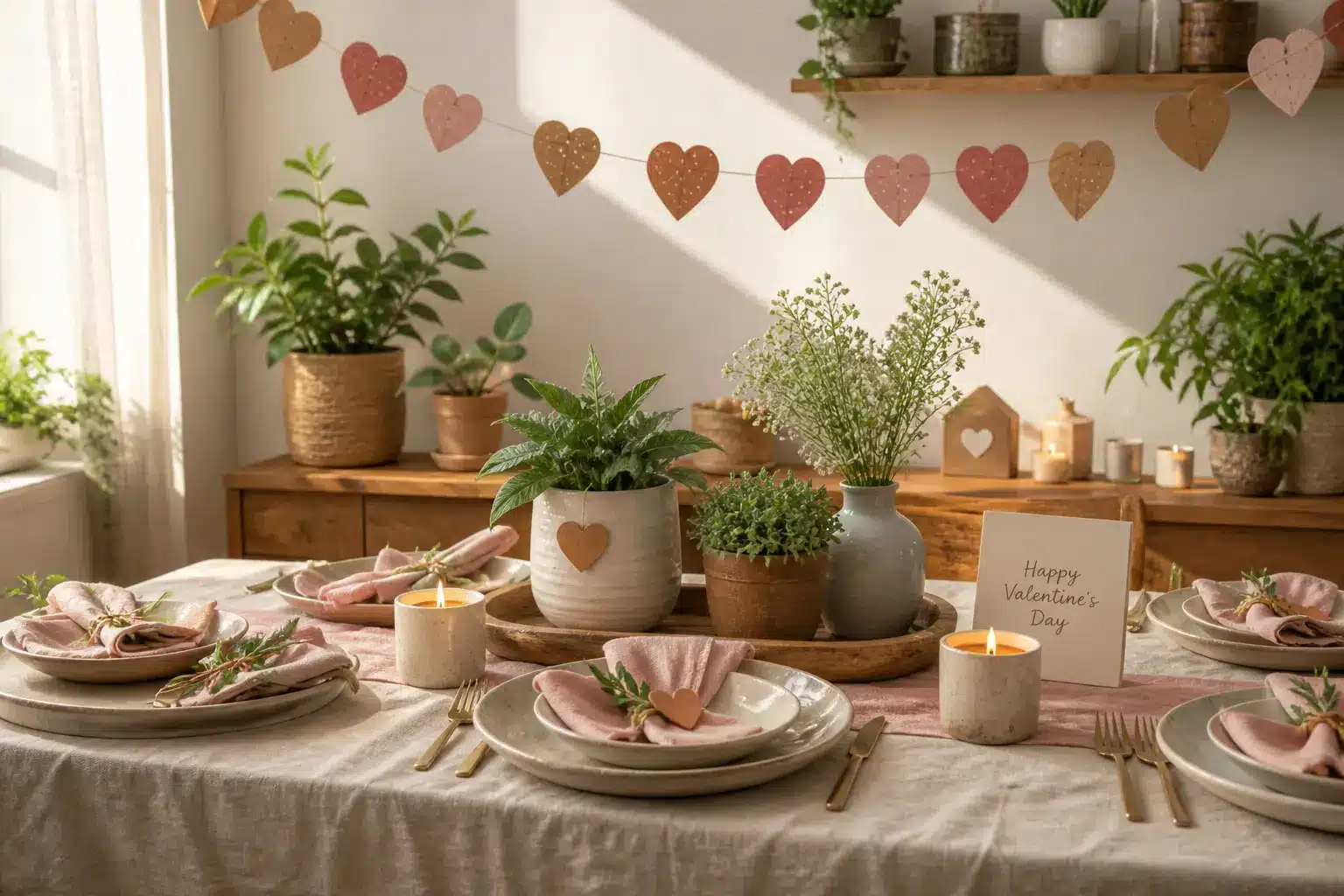 Eco-friendly Valentine's Day decorations with natural materials and reusable decor.