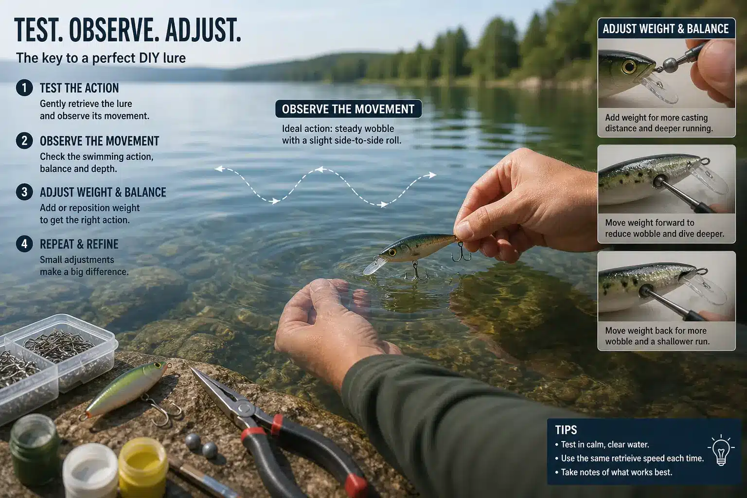 Testing and improving homemade fishing lure performance.