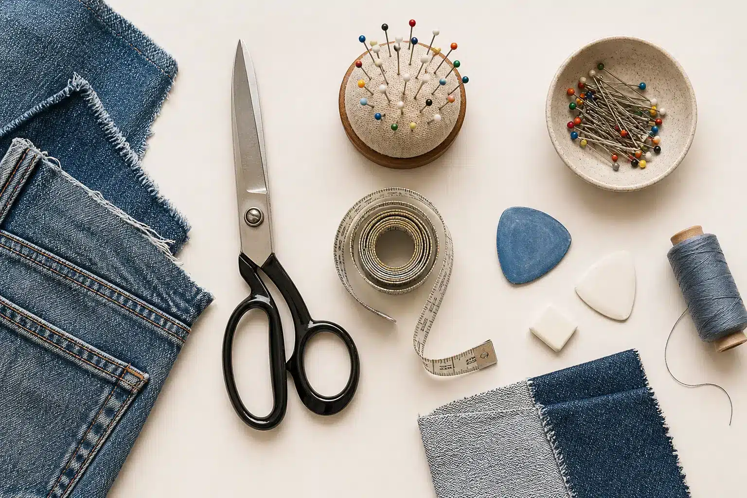 Basic sewing tools and materials needed to create a denim bag from old jeans