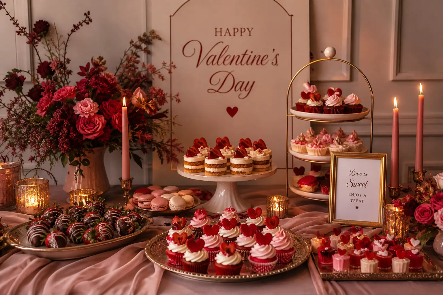 Valentine's Day dessert table decoration ideas for romantic parties.