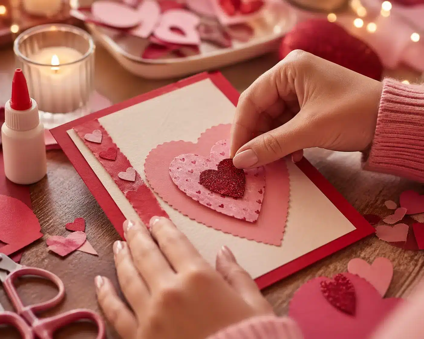 Hands crafting a handmade Valentine's card using paper and decorative elements