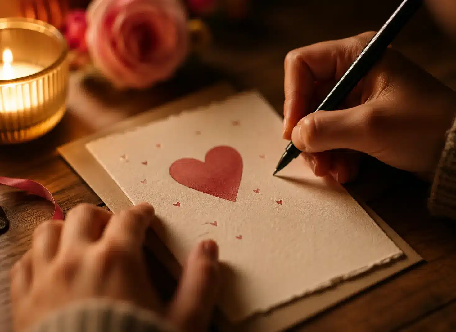  Writing a heartfelt love note on a handmade Valentine's card