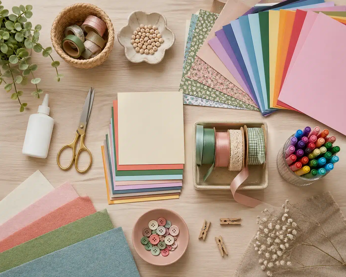 Organized DIY craft supplies including colored paper, scissors, glue, and ribbons on a table