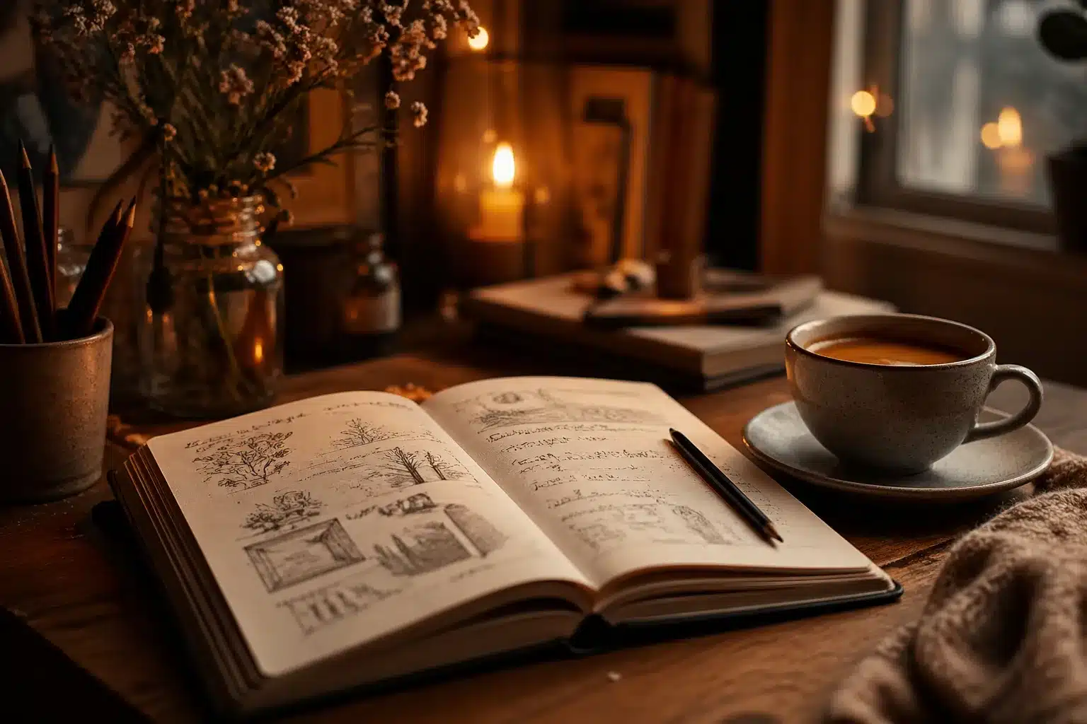 Person planning a Valentine's Day gift idea in a cozy workspace with a notebook and coffee