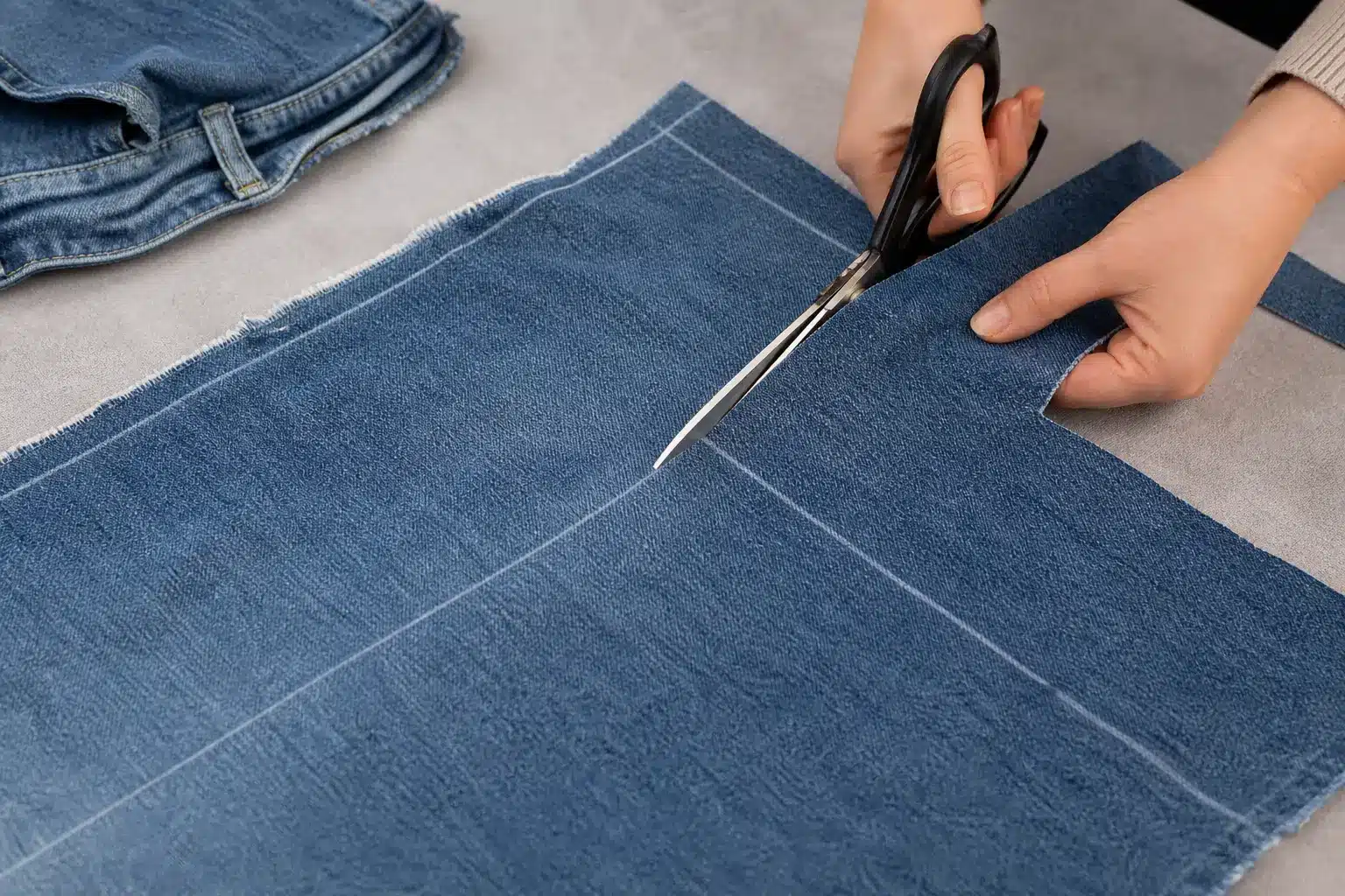 Cutting old jeans fabric to prepare pieces for a denim bag