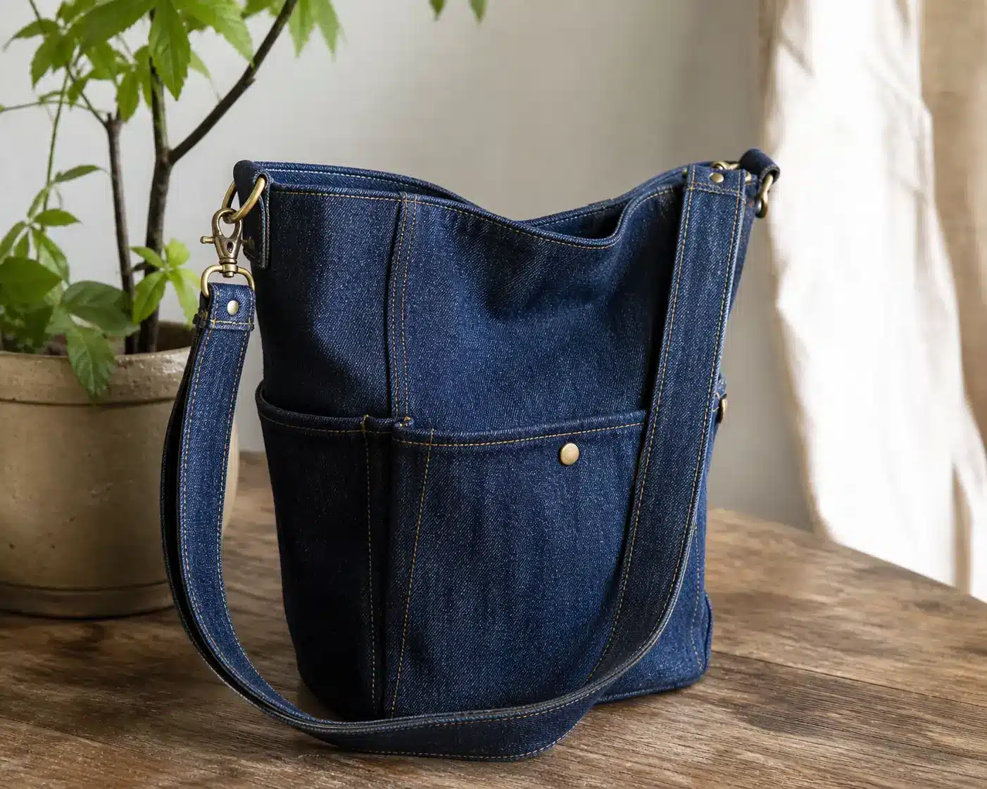 Finished stylish denim bag made from recycled old jeans