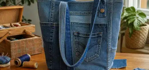 Stylish DIY denim tote bag made from recycled old jeans with sewing tools around