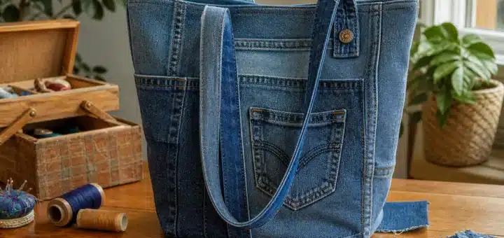 Stylish DIY denim tote bag made from recycled old jeans with sewing tools around