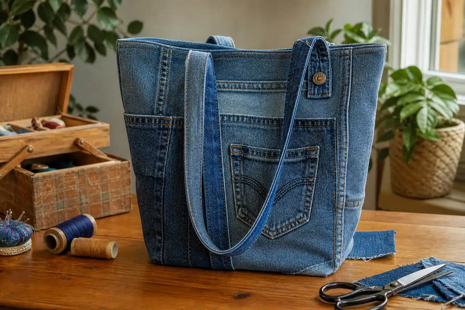 Stylish DIY denim tote bag made from recycled old jeans with sewing tools around