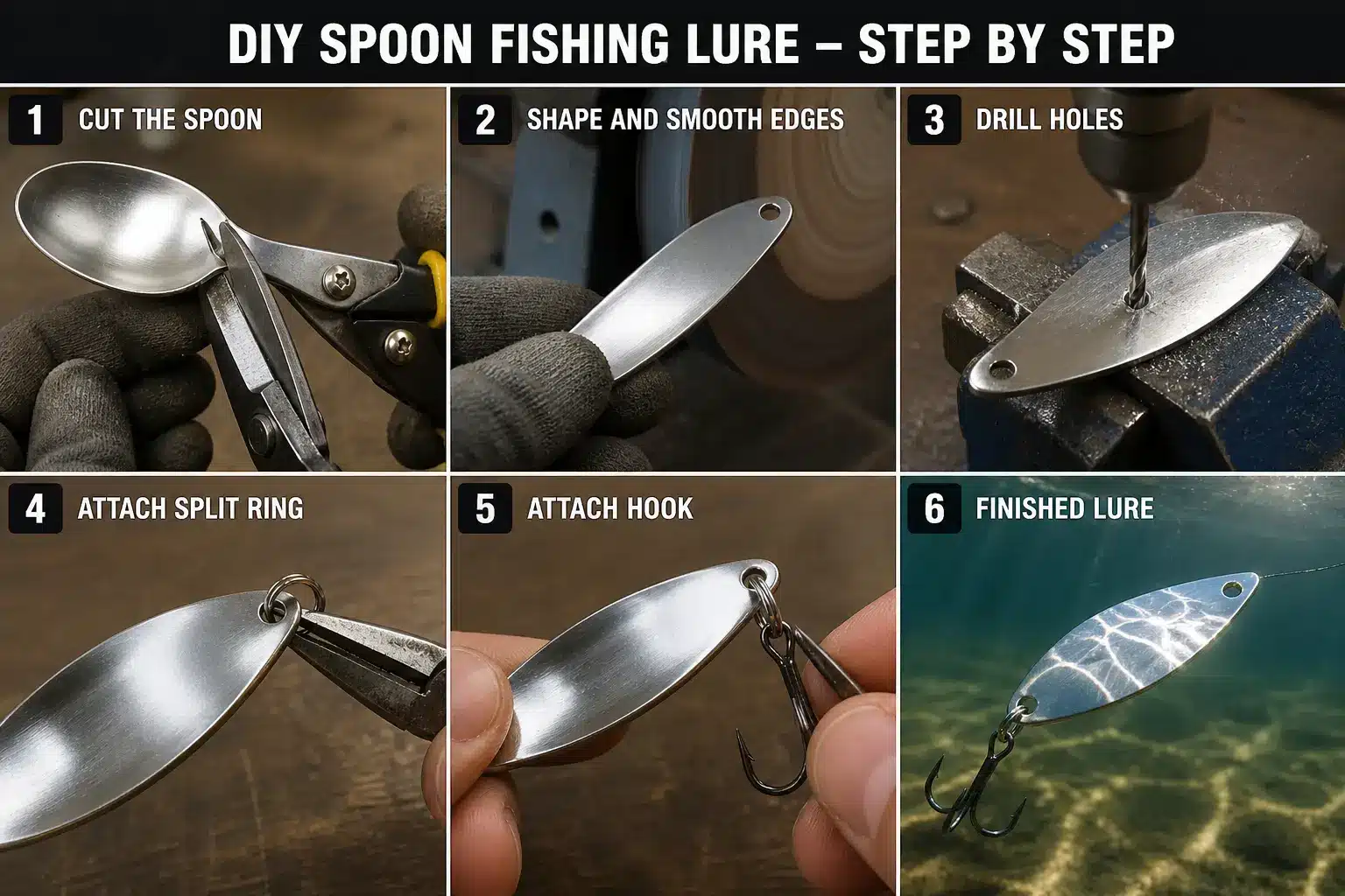 Step-by-step creation of a spoon fishing lure.