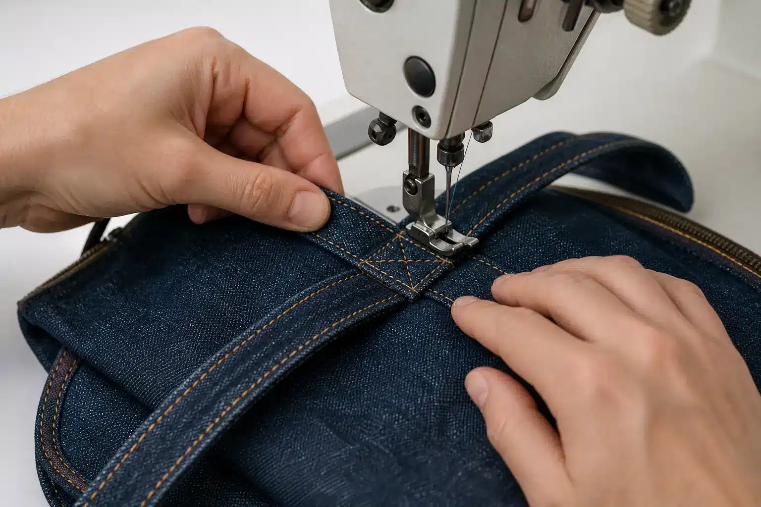 Attaching strong denim handles to a handmade bag using reinforced stitching