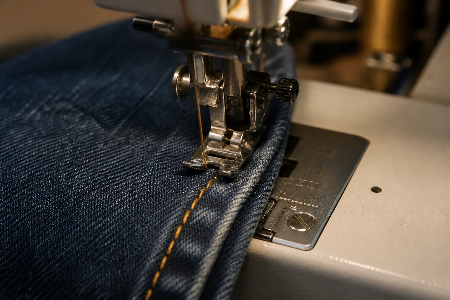 Sewing denim fabric with a machine to create strong bag seams