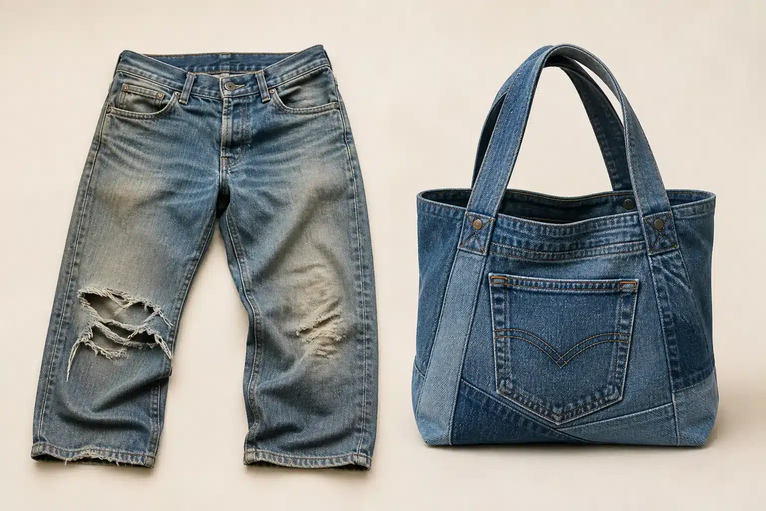 Before and after transformation of old jeans into a handmade denim bag