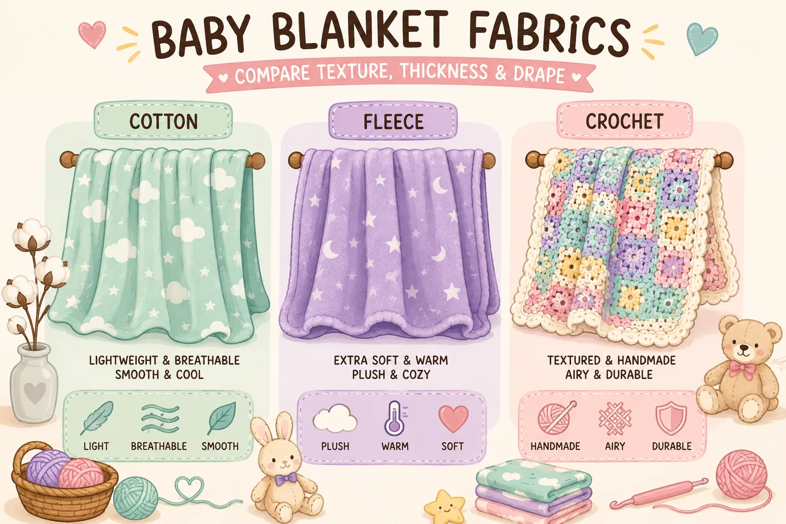 Cotton fleece and crochet baby blanket fabrics showing different thickness and drape