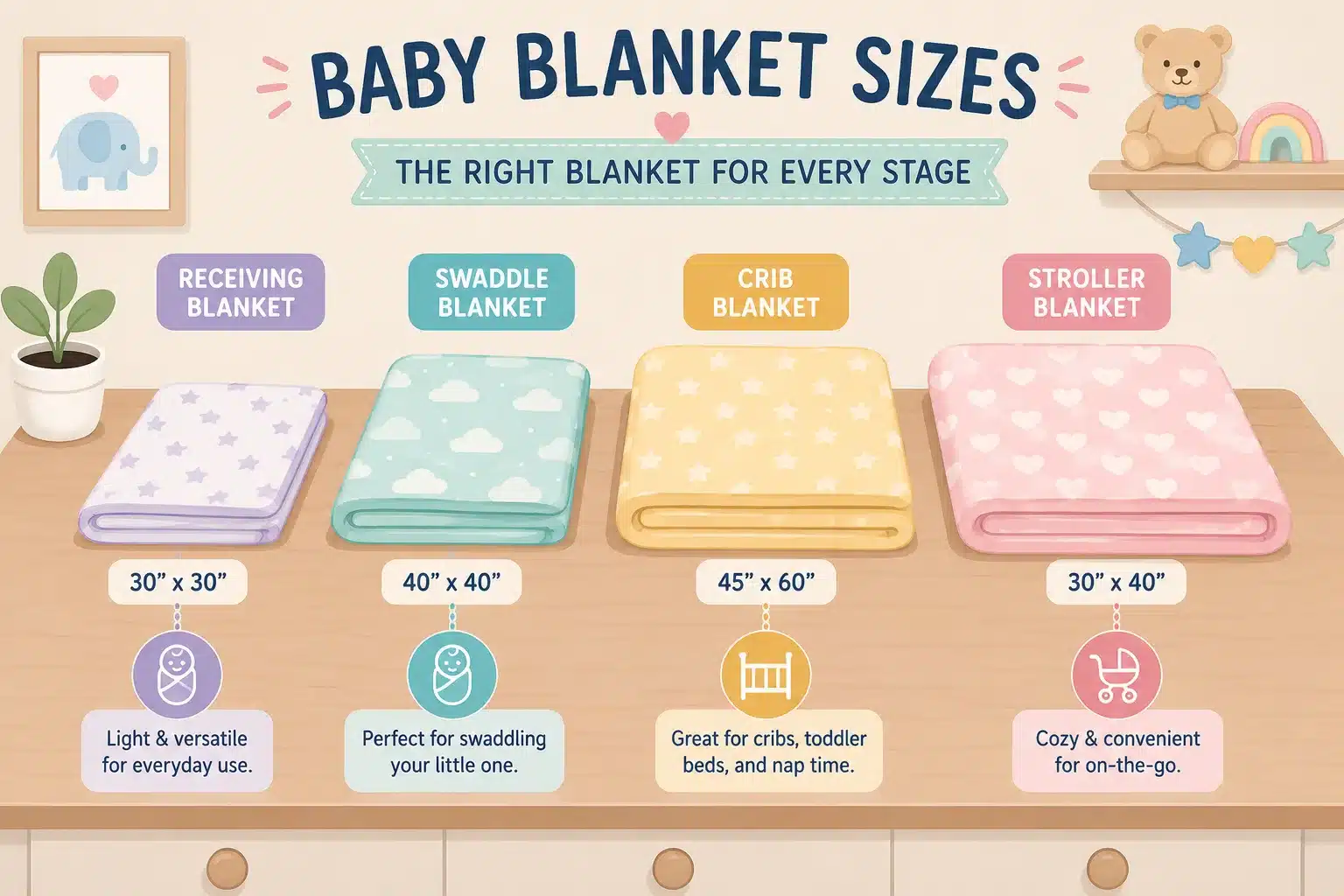 Different baby blanket sizes compared for receiving swaddle crib and stroller use