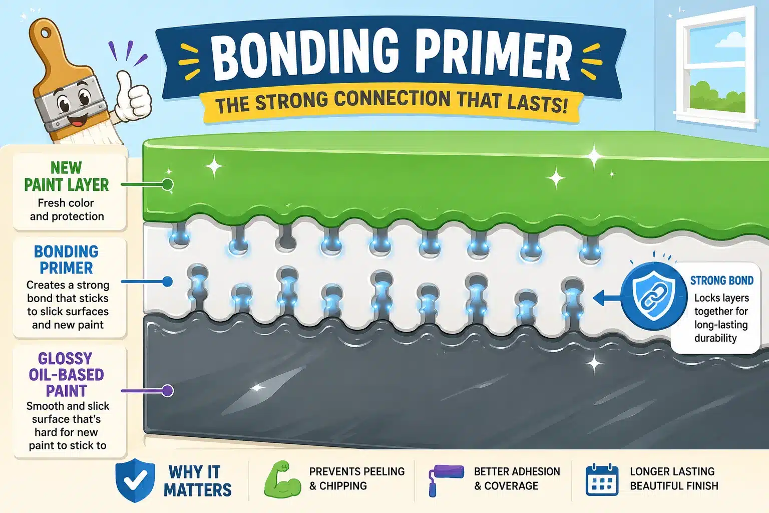 Cartoon bonding primer adhering to a glossy painted surface