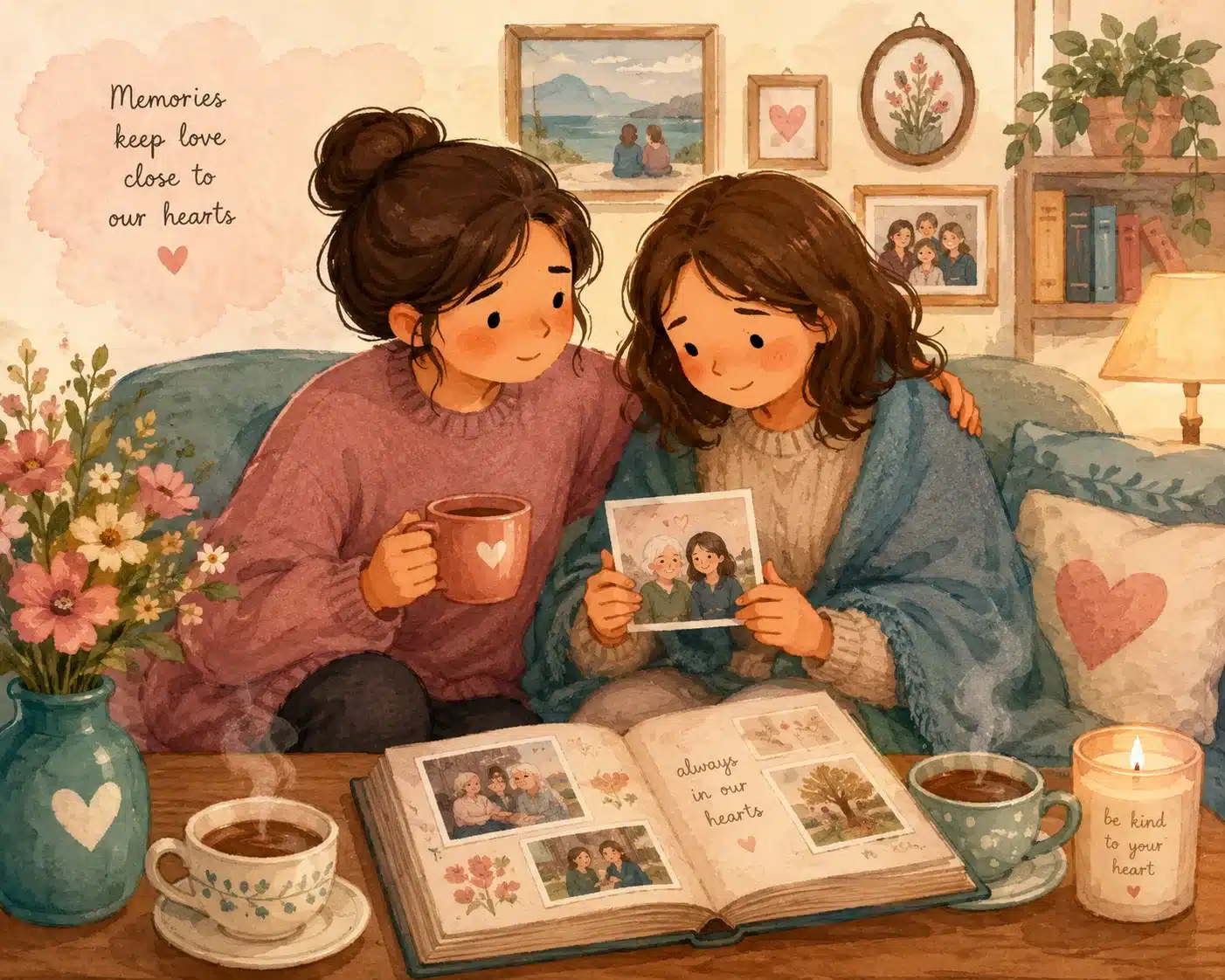 Soft illustrated scene of someone sharing comforting memories with a grieving friend