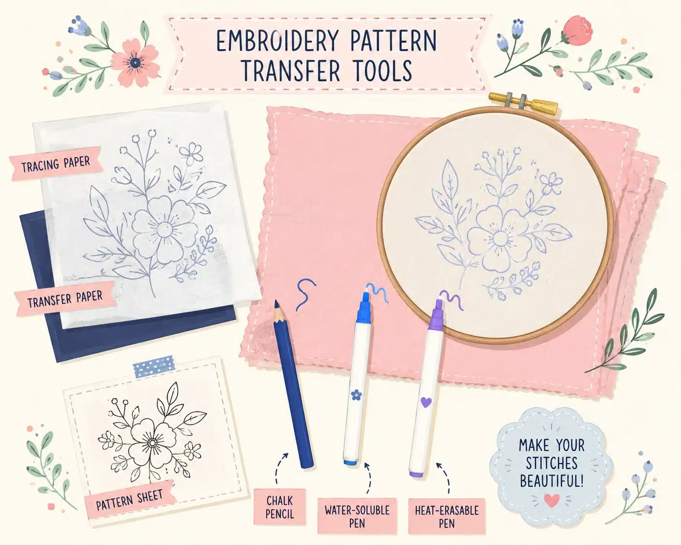 Embroidery pattern transfer tools arranged beside fabric