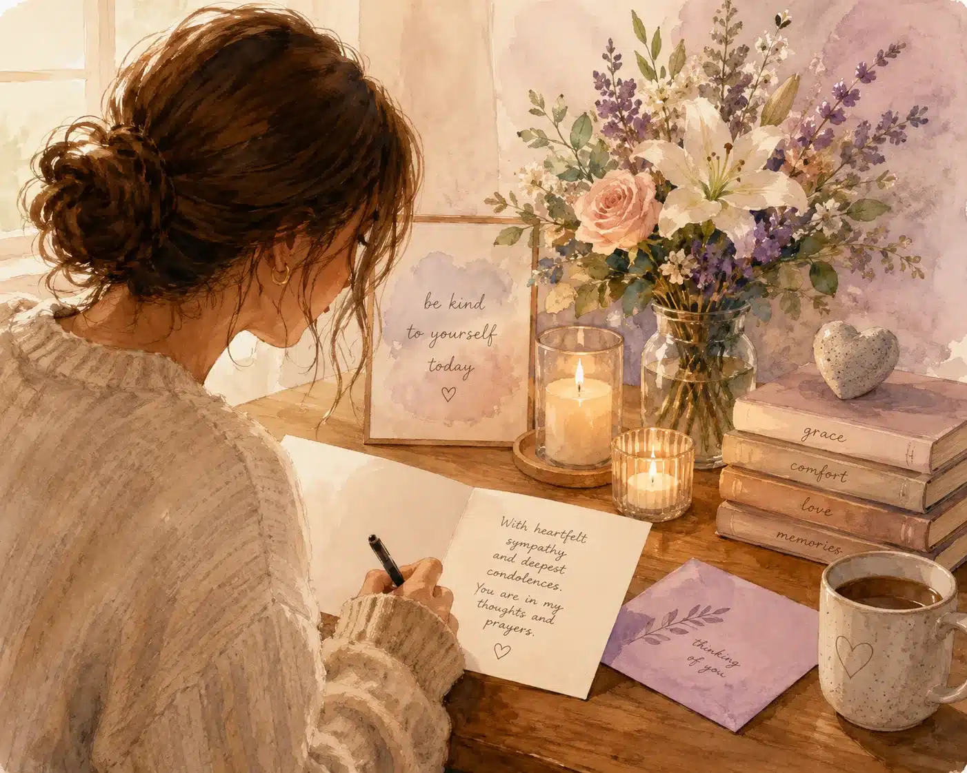 Person thoughtfully writing a heartfelt sympathy card at a quiet table