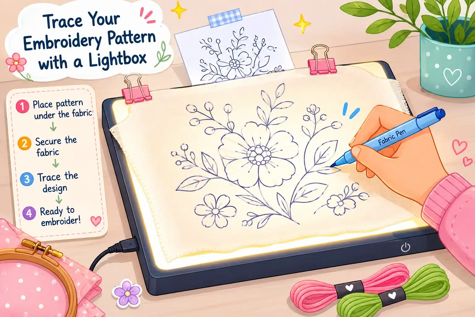 Embroidery pattern traced onto fabric using a lightbox