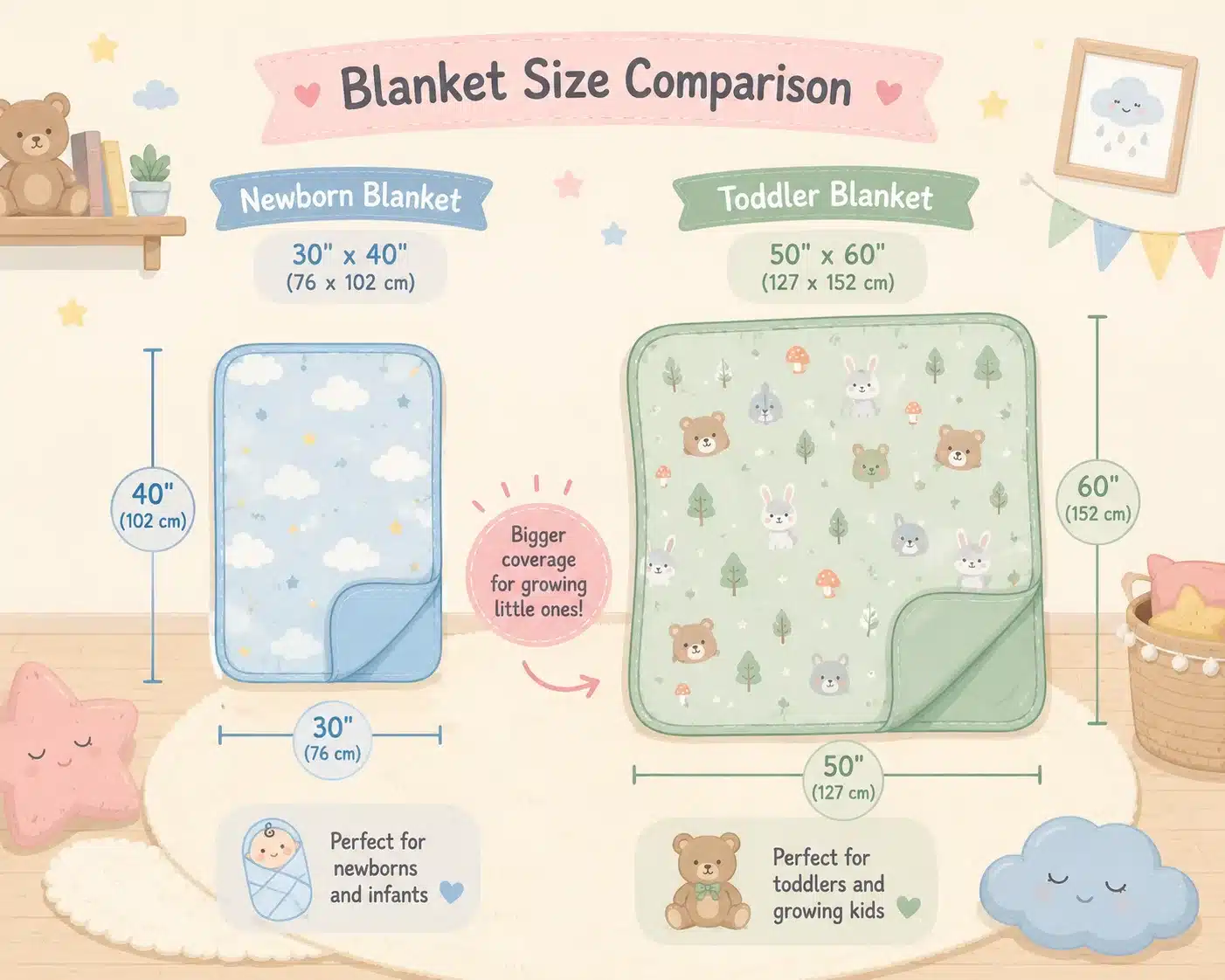 Newborn blanket and toddler blanket sizes shown side by side