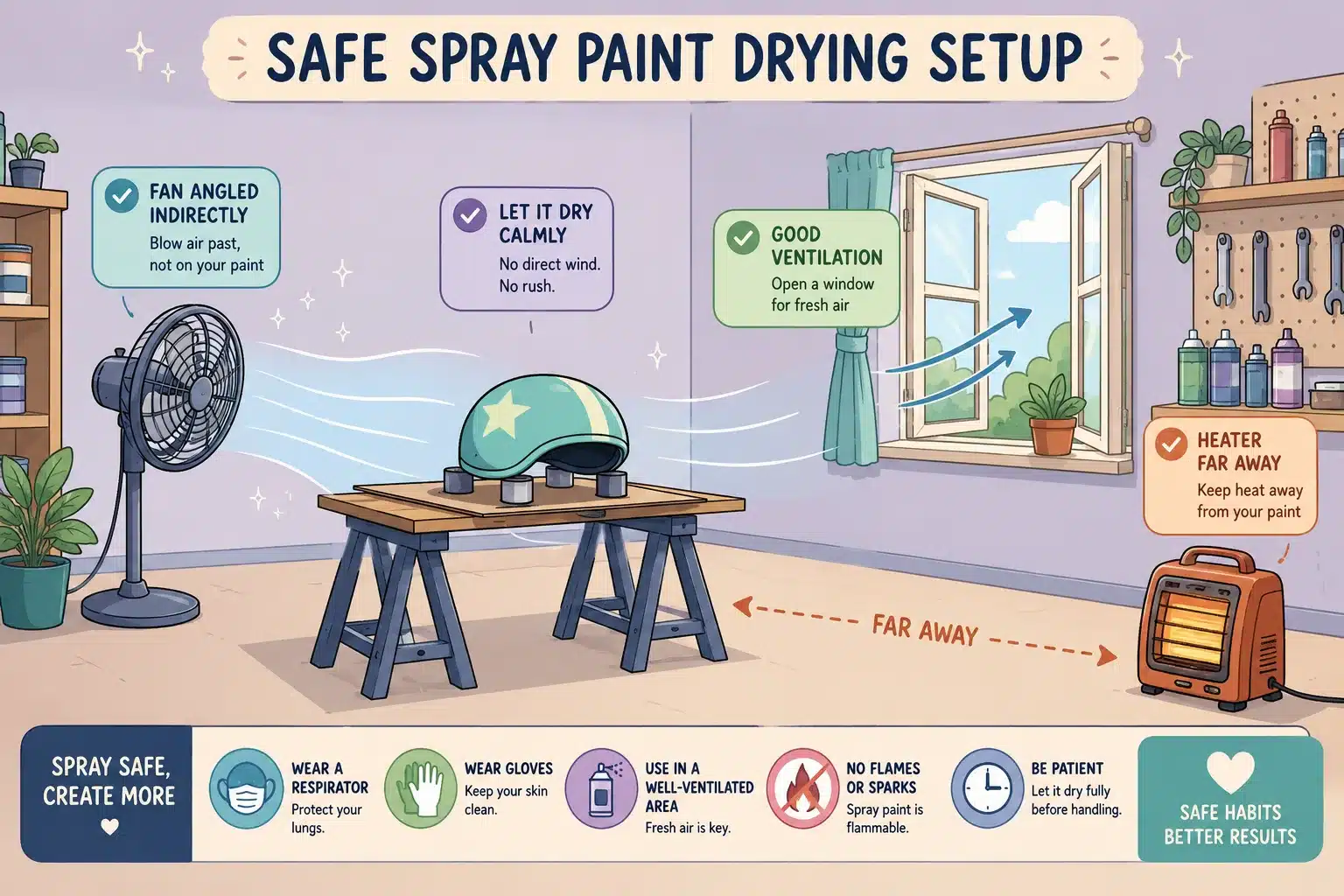 Safe fan and indirect heat setup for drying spray paint