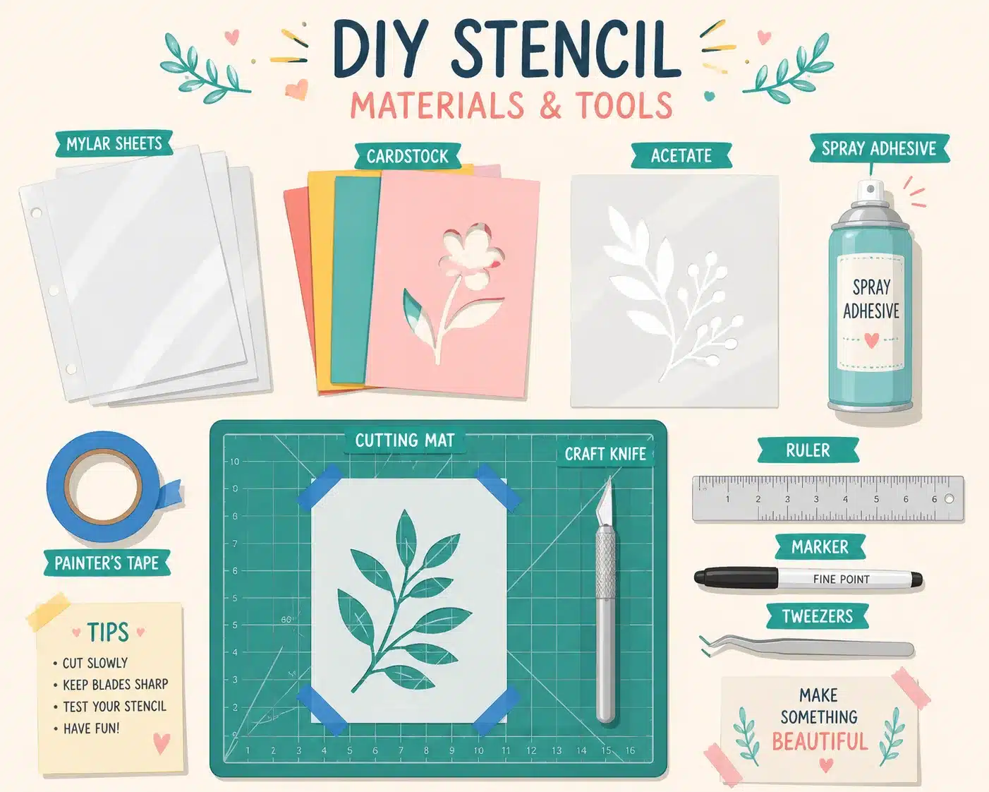 Stencil materials and craft cutting tools arranged for DIY stencil making