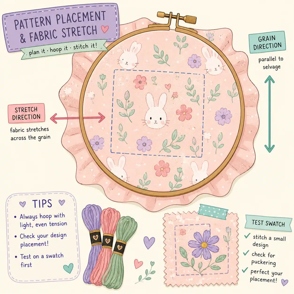 Embroidery pattern placement tested on stretchy fabric in a hoop