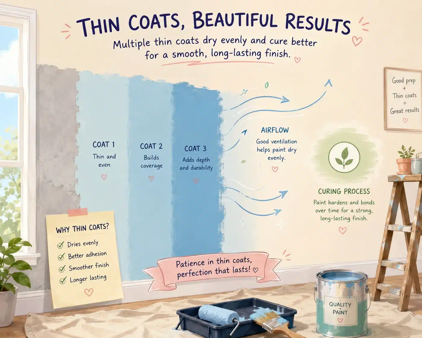 Soft illustration showing thin paint coats drying and curing evenly