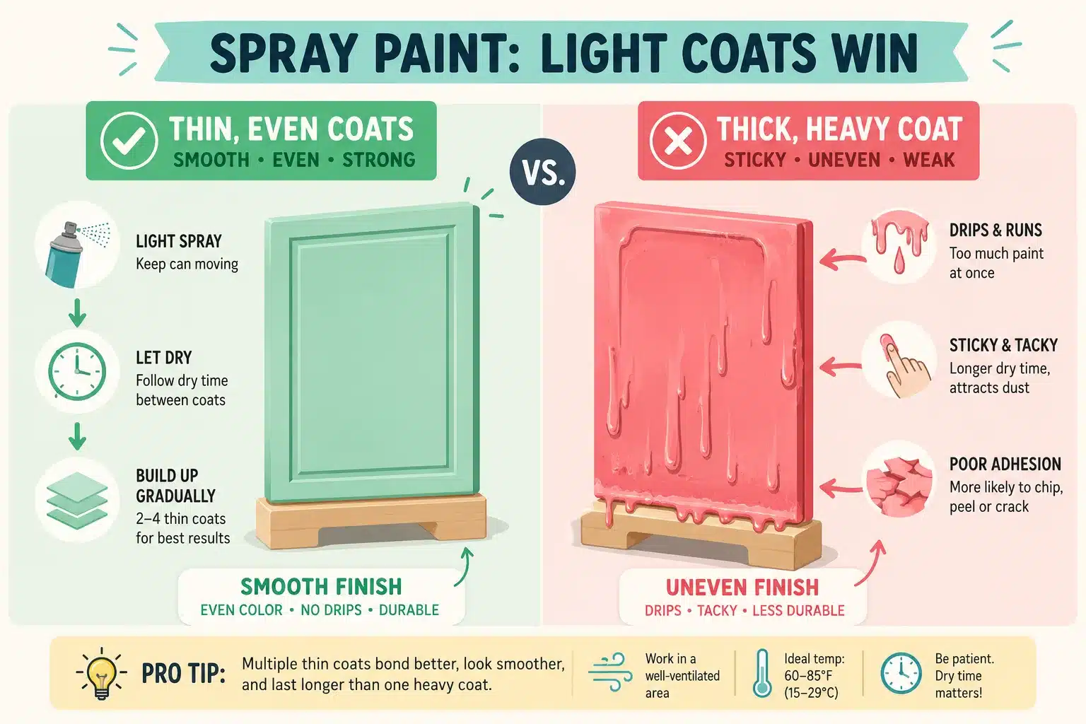 Thin spray paint coats compared with heavy sticky coats