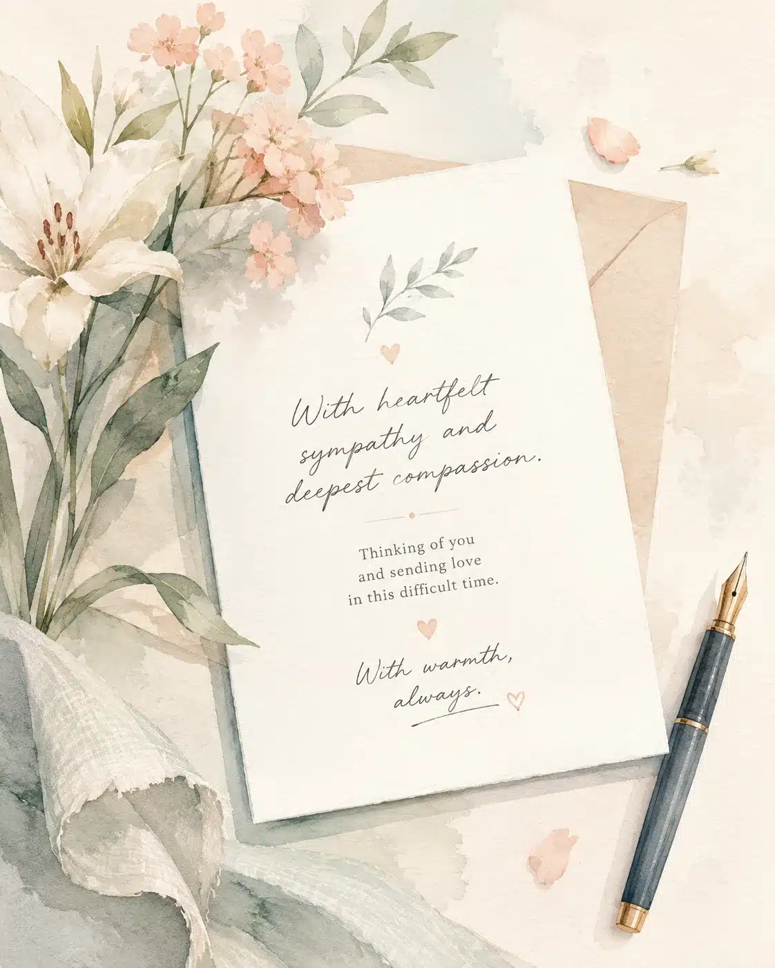 Minimal watercolor illustration of a sympathy card signed with warmth and compassion
