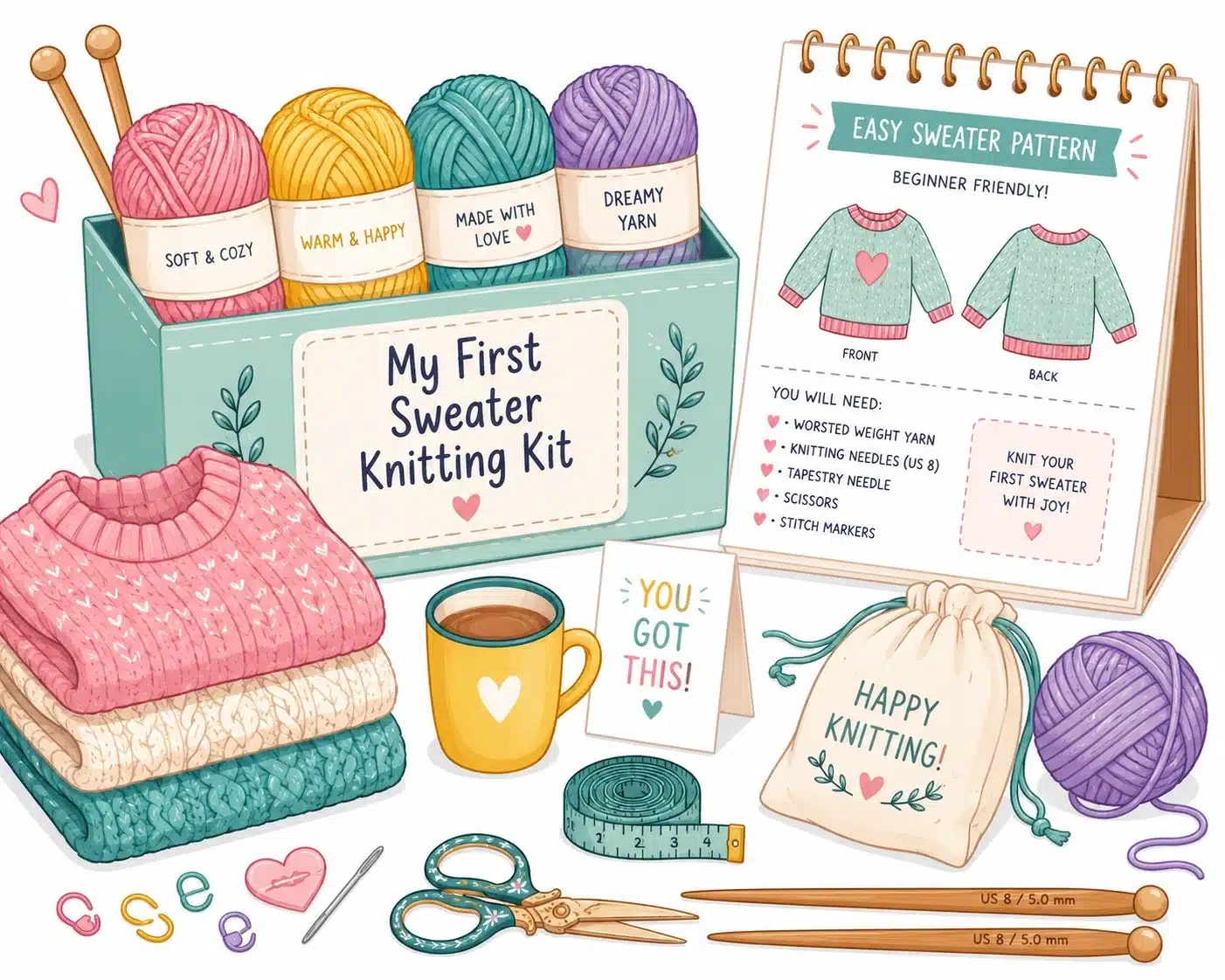 Illustrated beginner sweater patterns with yarn and knitting needles