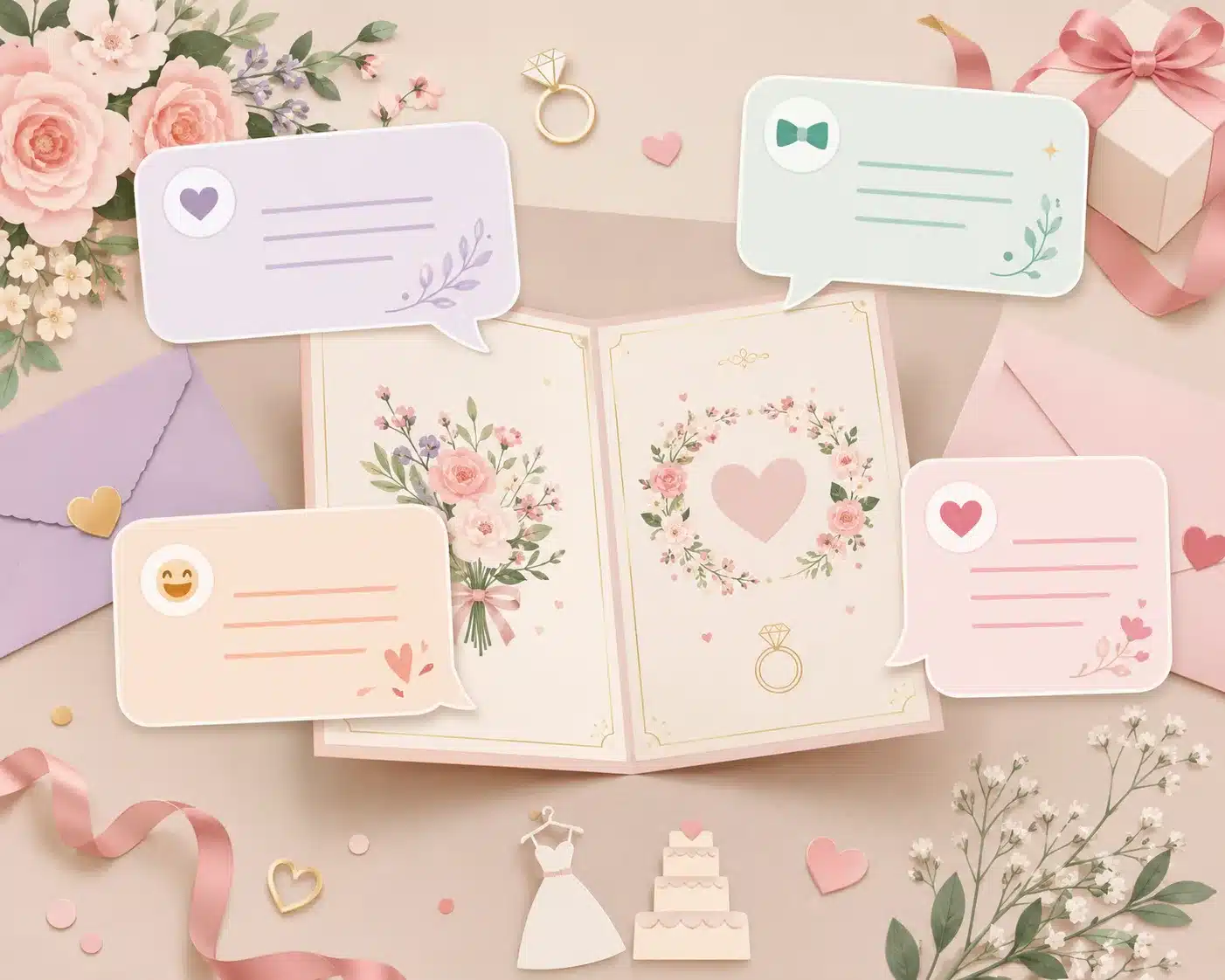 Illustrated bridal shower card with thoughtful message styles for different relationships