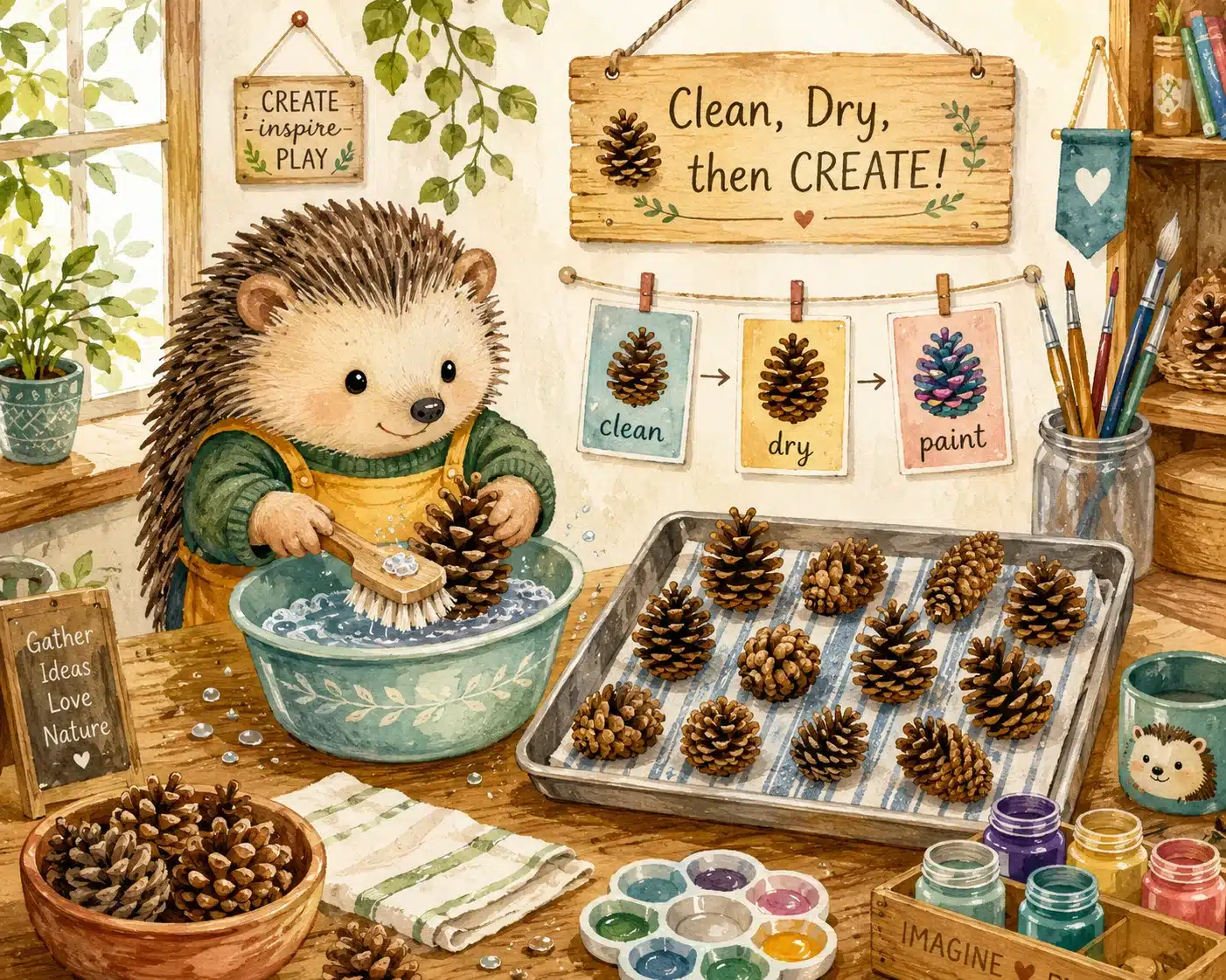 Cleaning and drying pine cones before acrylic painting