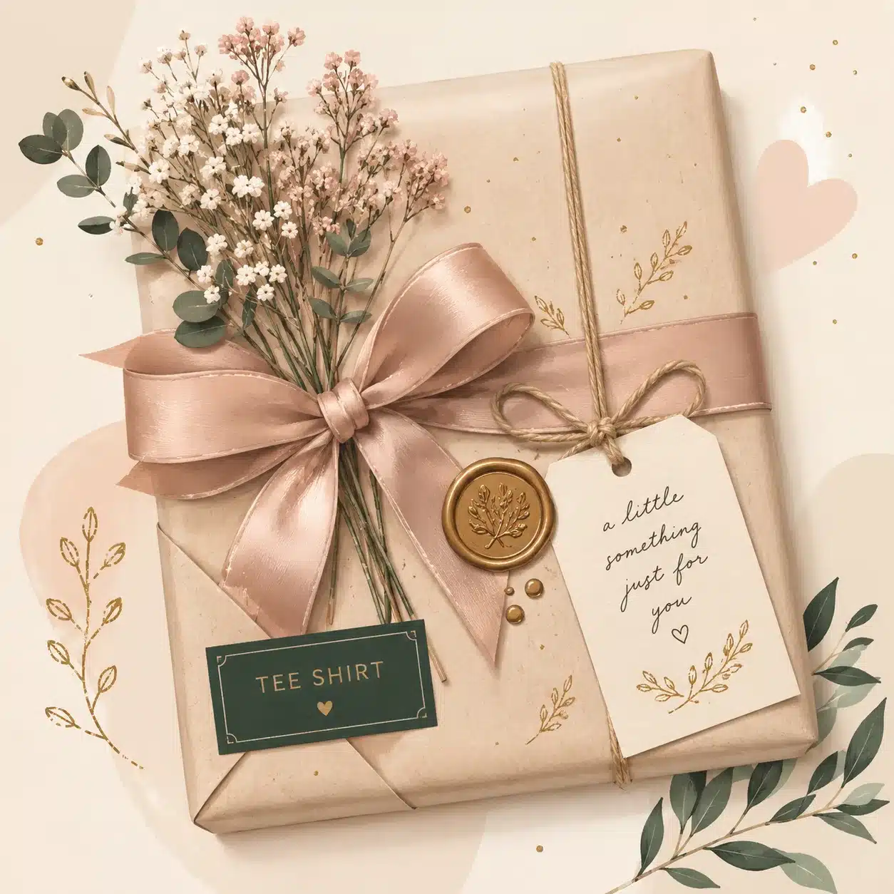 Creative tee shirt gift package with ribbon tag and dried flowers