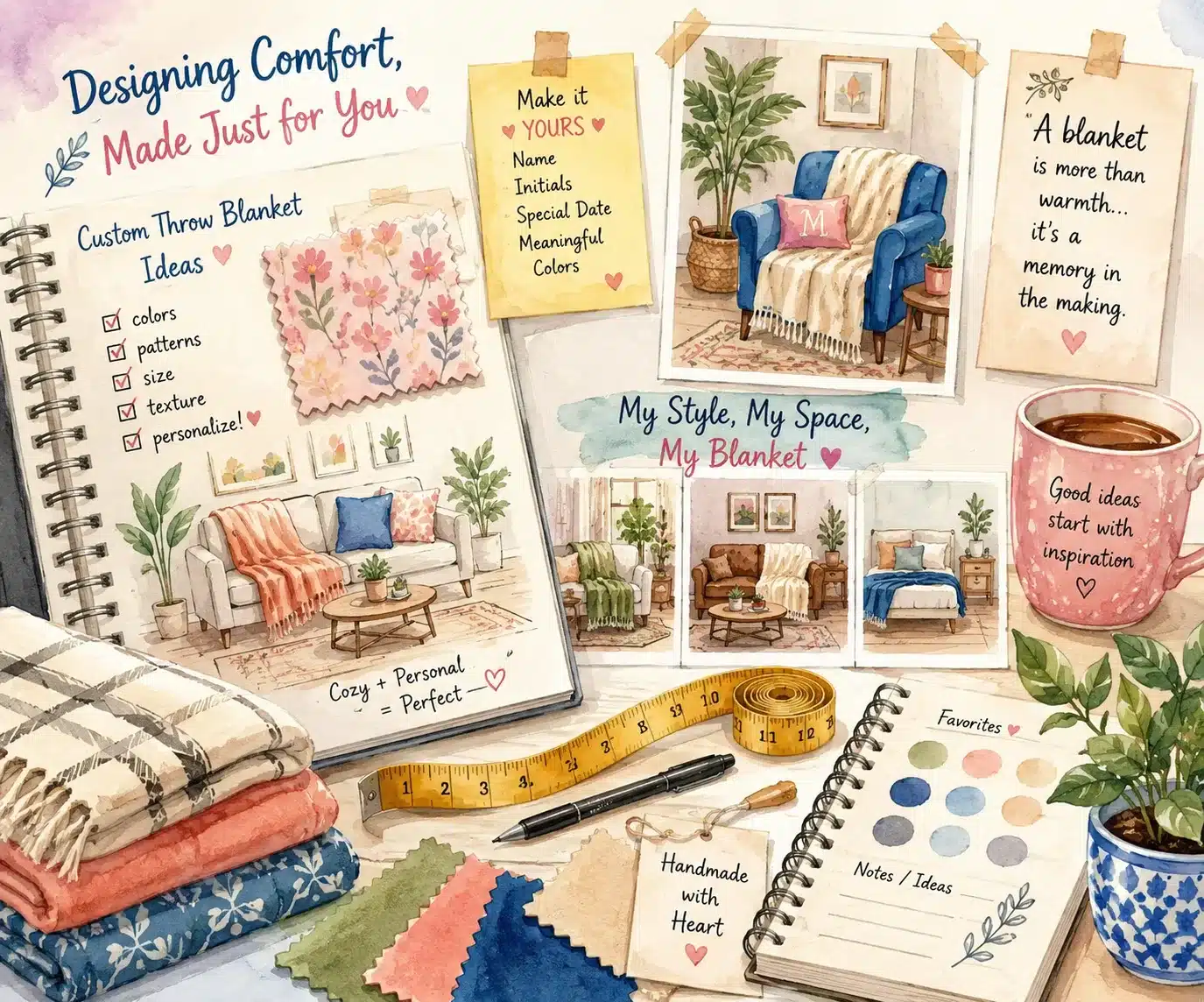 Creative illustration of custom throw blanket sizing and home styling
