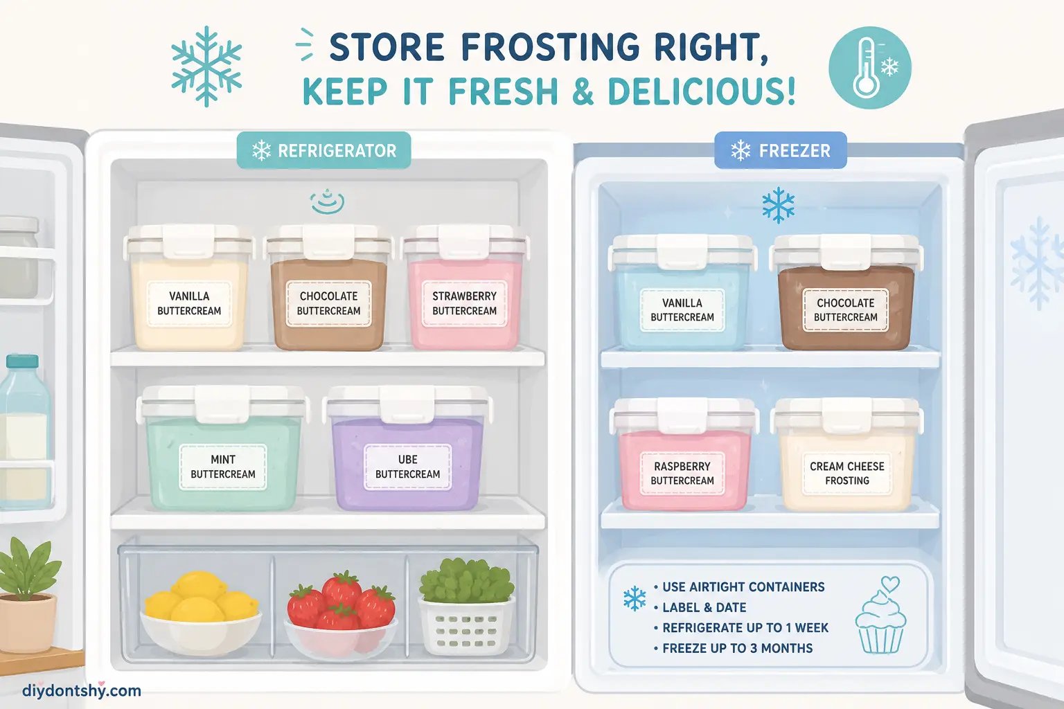 Minimal illustration of airtight frosting containers stored in refrigerator and freezer