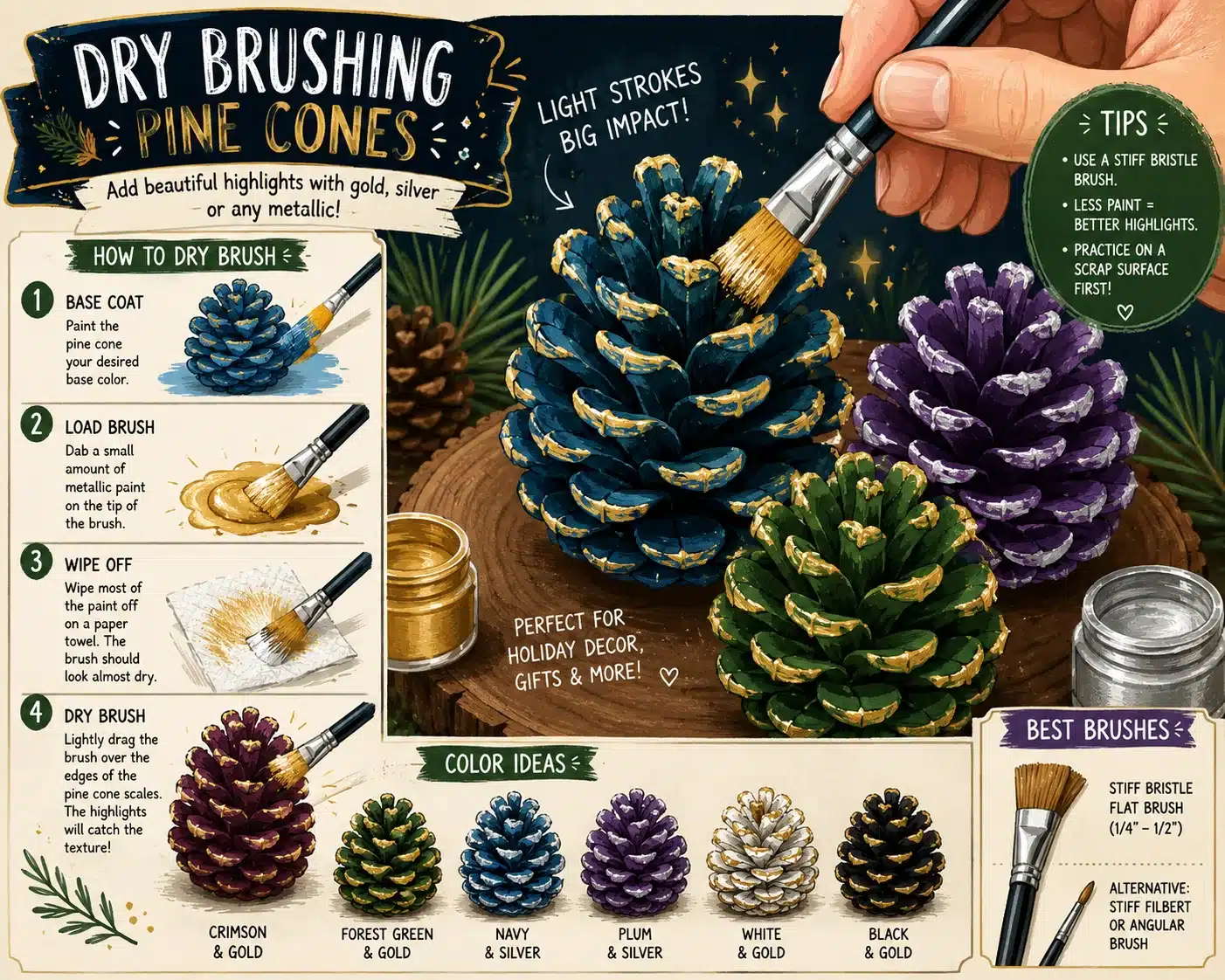 Dry brushing technique on painted pine cones