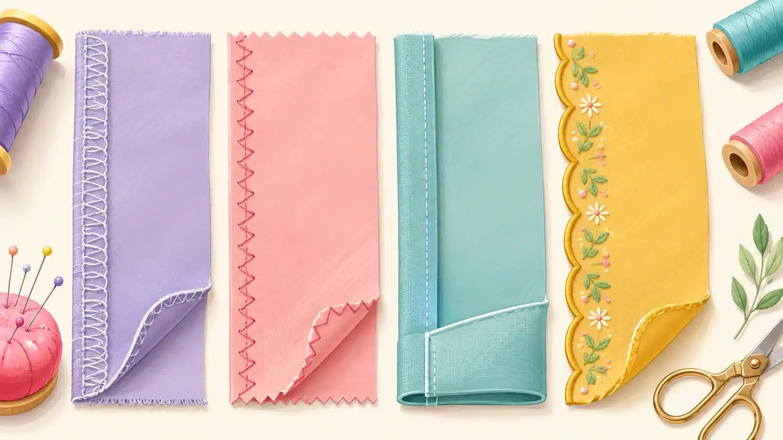 Stylized fabric edges showing different seam finishing techniques