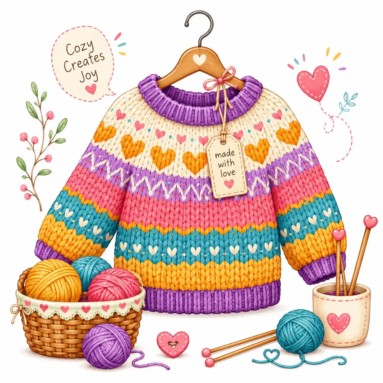 Colorful illustrated handmade sweater displayed proudly after completion