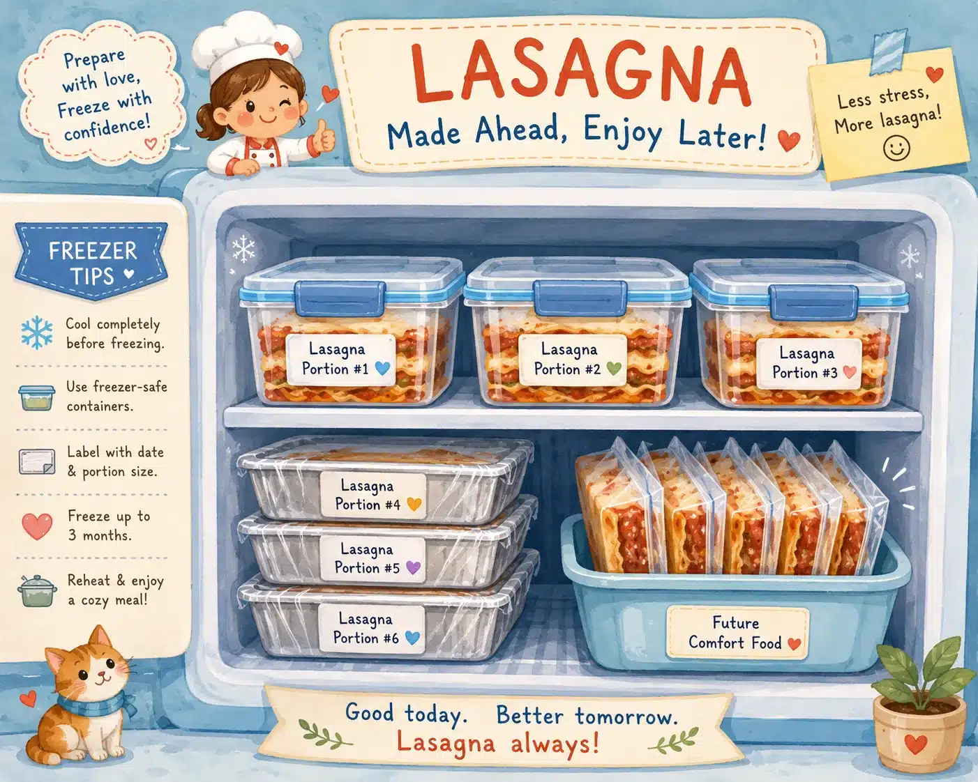 Whimsical illustration of lasagna portions prepared for freezer storage