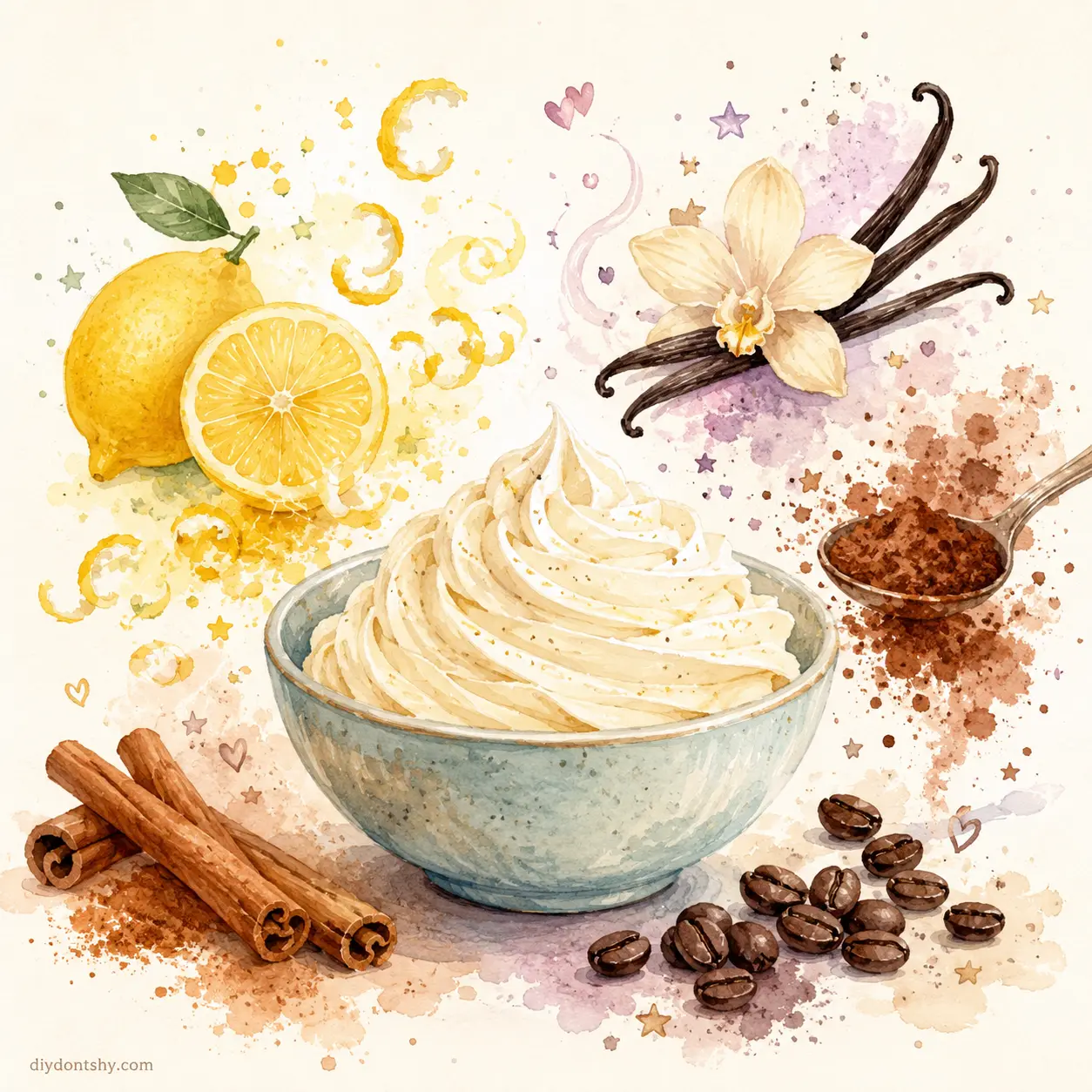 Whimsical illustration of citrus, vanilla, cocoa, and spices surrounding a bowl of frosting