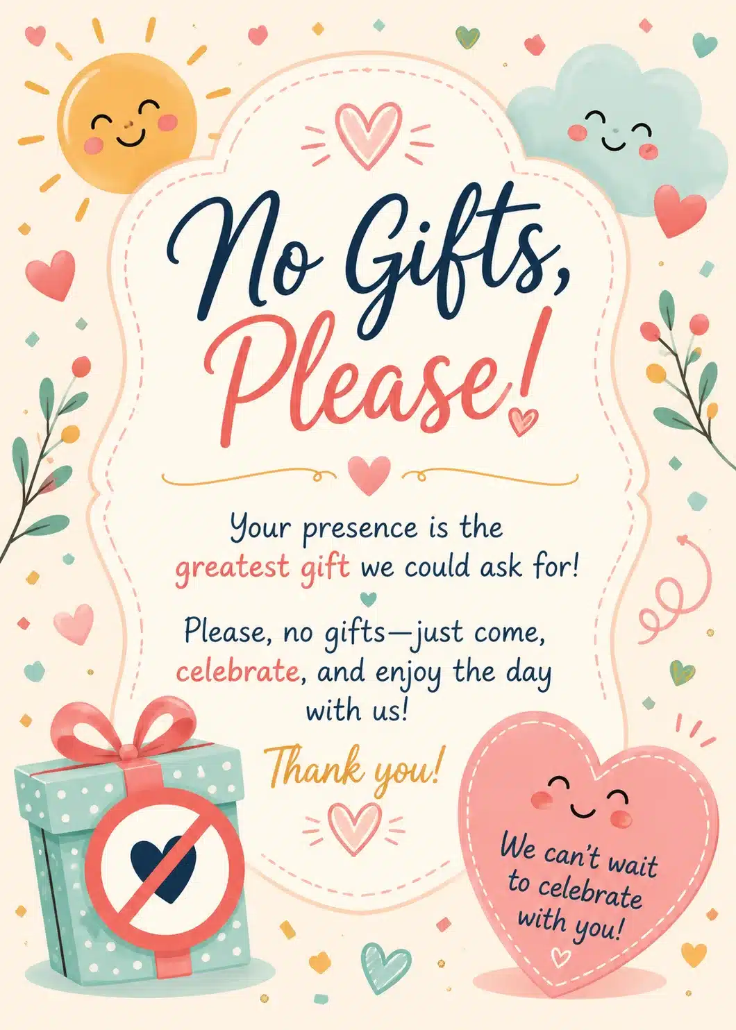 Friendly invitation with a warm no-gift message